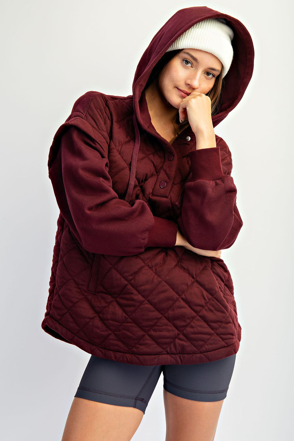 Jacey Quilt + Fleece Hoodie Jacket- Dark Cherry