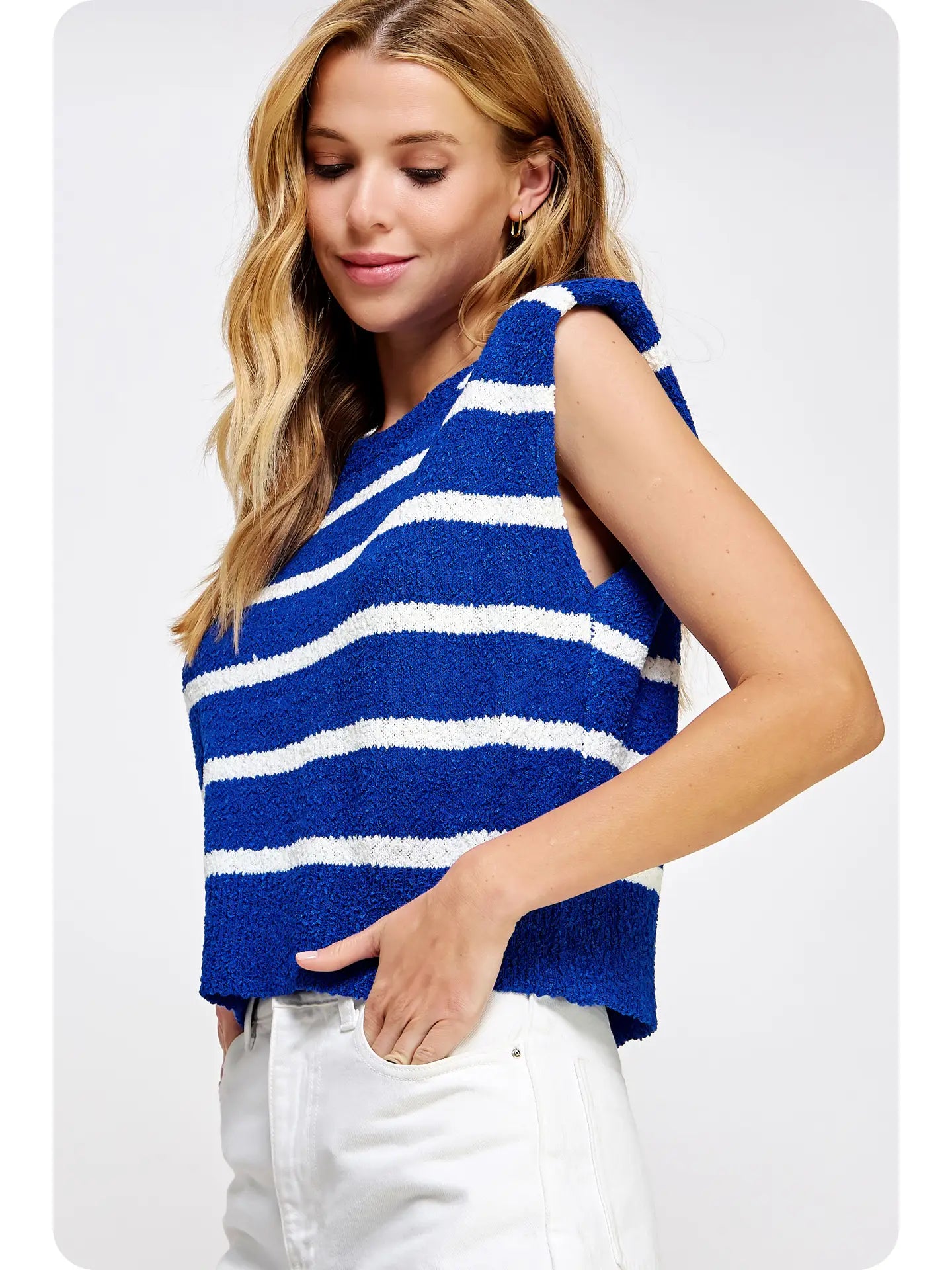 Anna Sleeveless Textured Striped Knit Top- Blue
