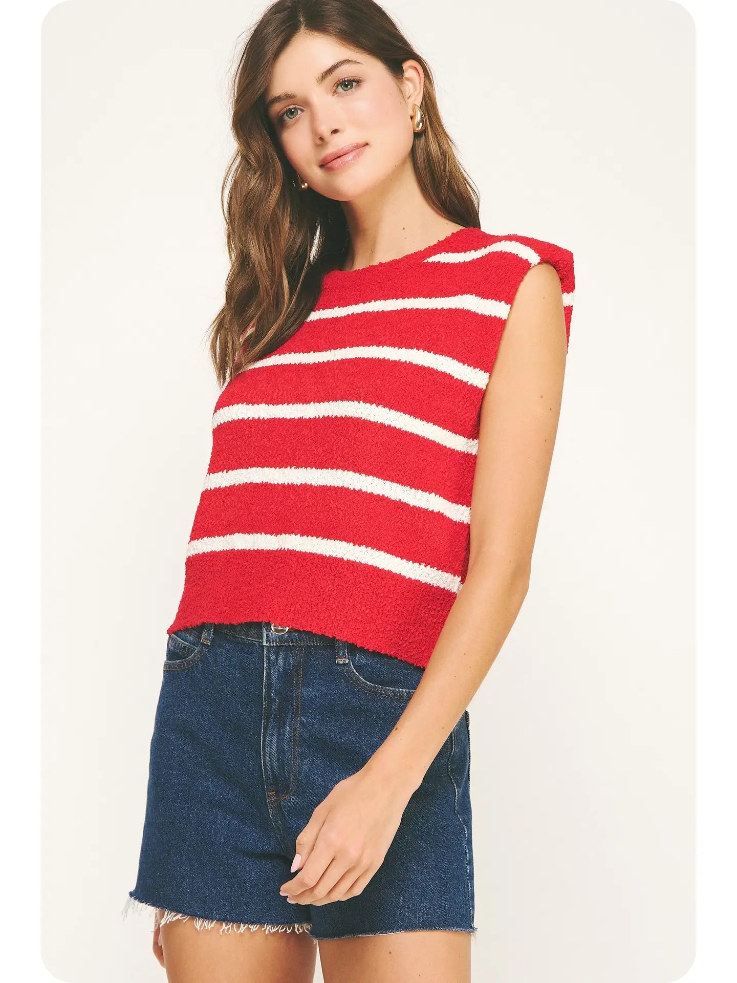 Anna Sleeveless Textured Striped Knit Top- Red