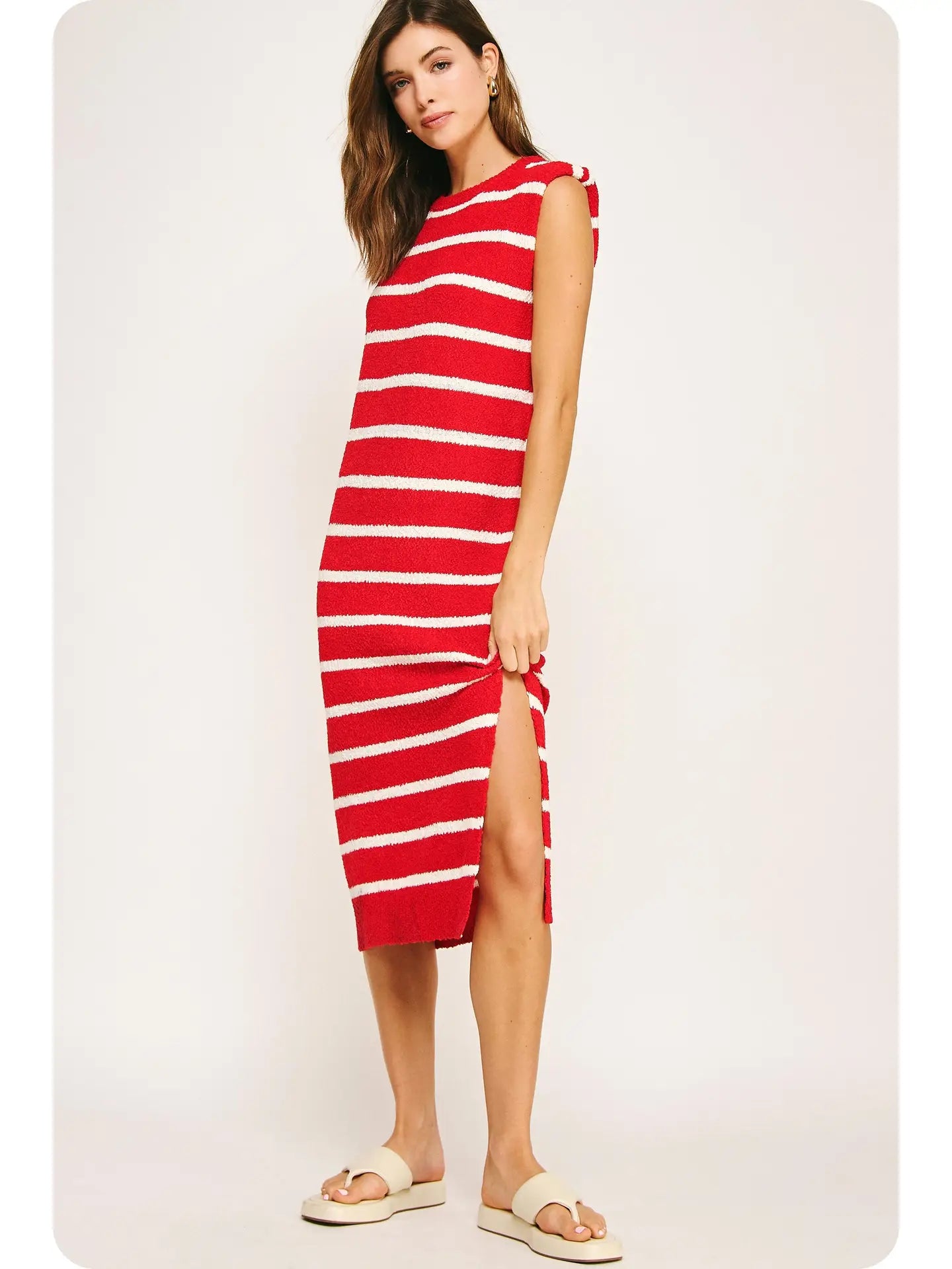 Alice Textured Striped Knit Dress- Red