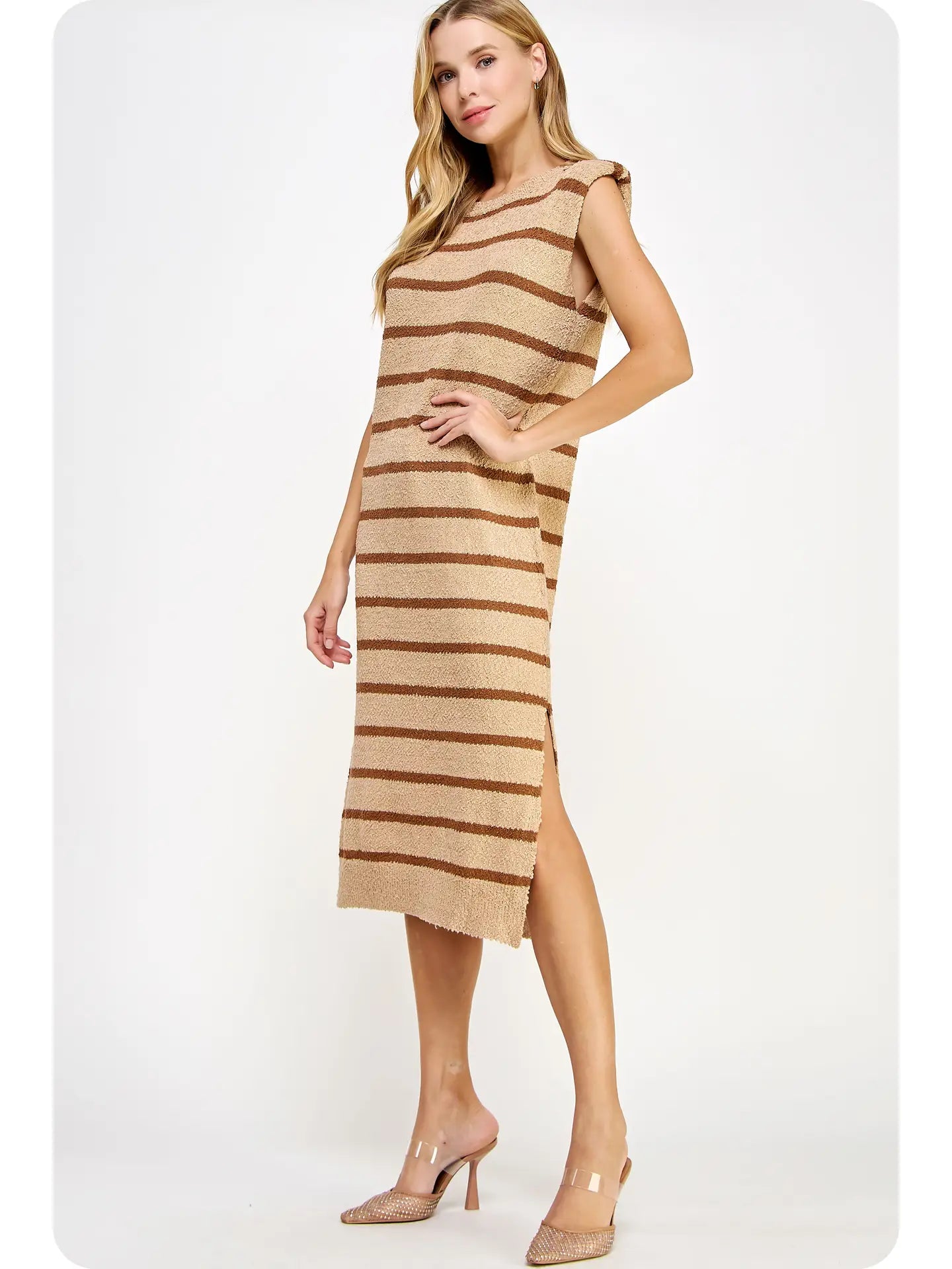 Alice Textured Striped Knit Dress- Tan