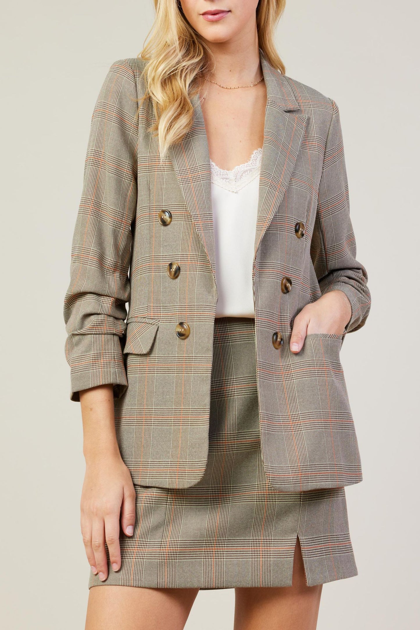 Angie Plaid Blazer- Brown