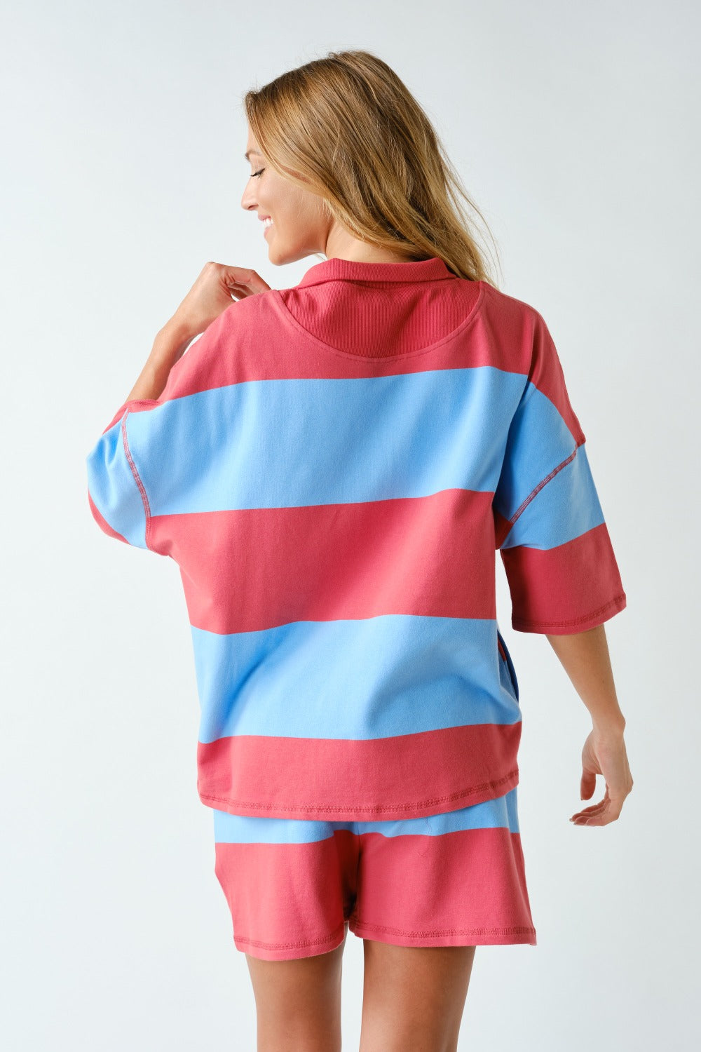 Striped Half Zip Shorts Set- Brick/Blue