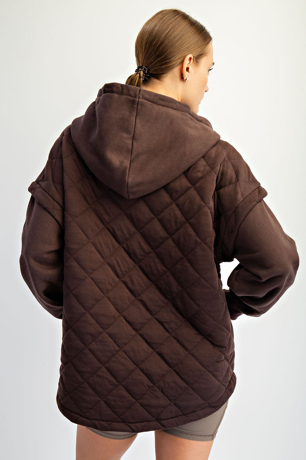 Jacey Quilt + Fleece Hoodie Jacket- Espresso