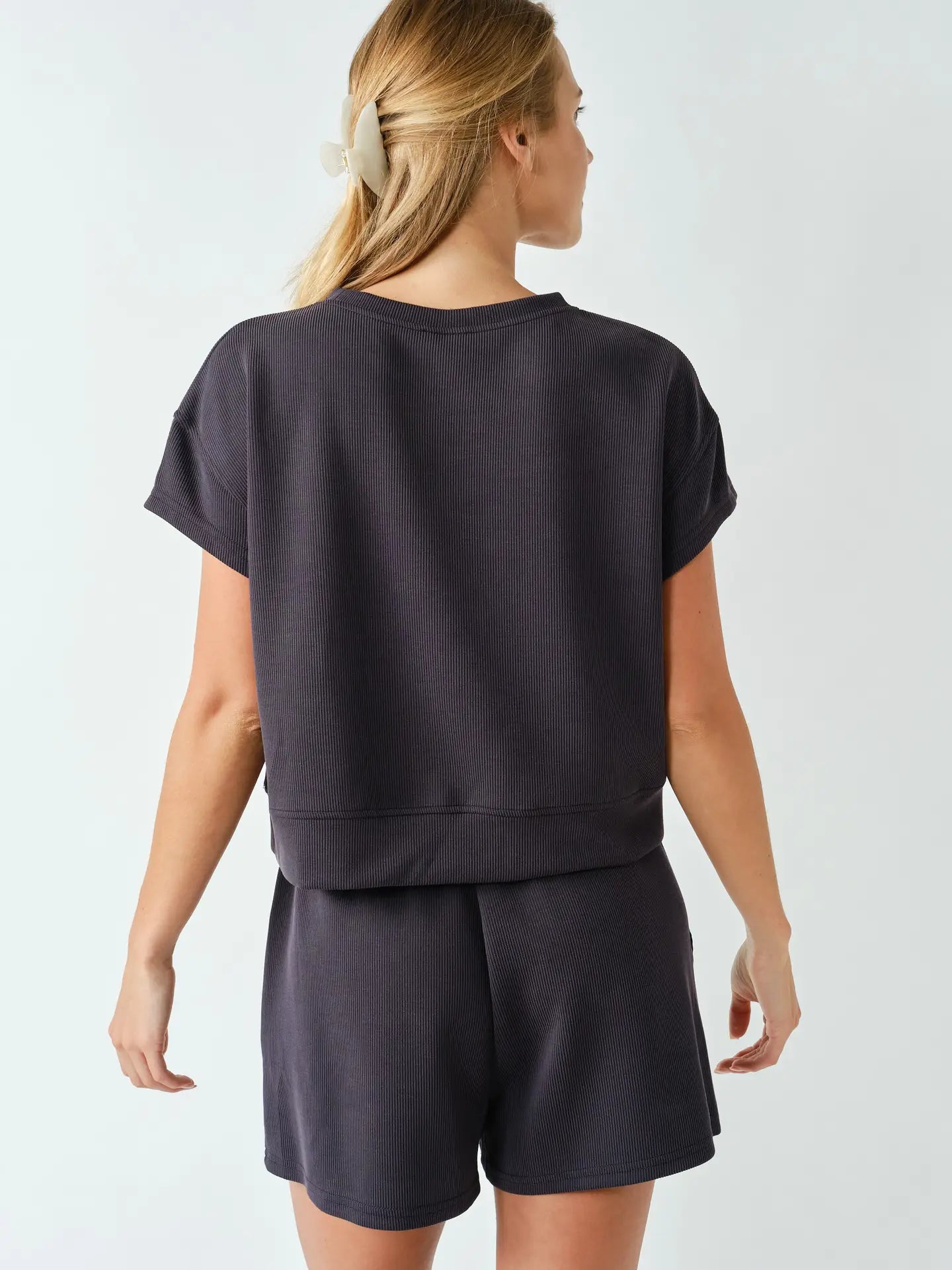 Luxe Sand Wash Rib Classic Tee Set- Black