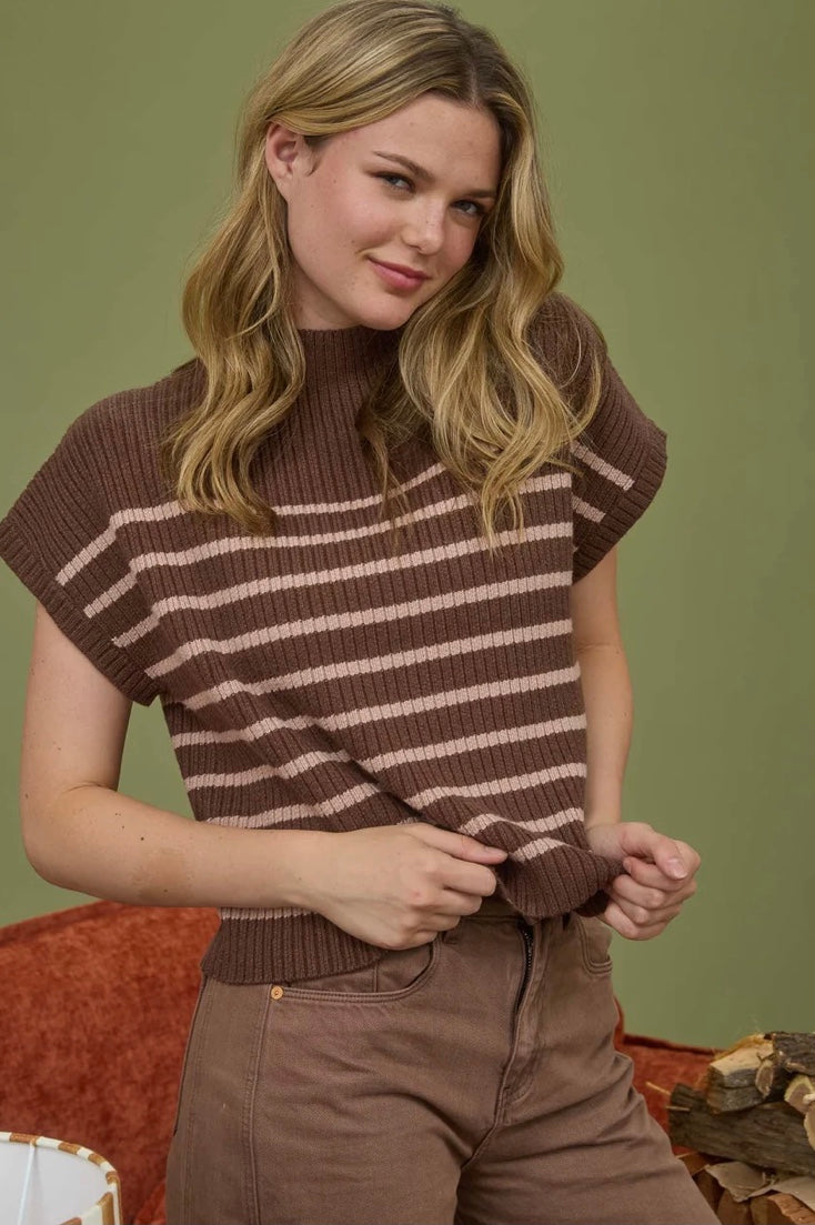 Diana Stripe Mock Neck- Chocolate