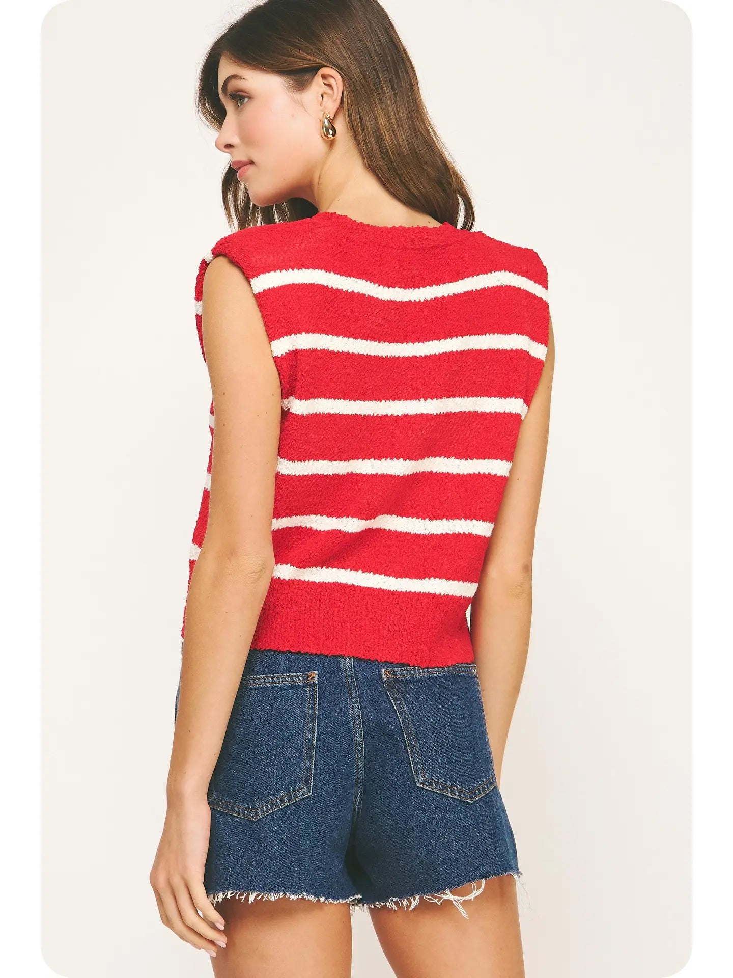 Anna Sleeveless Textured Striped Knit Top- Red