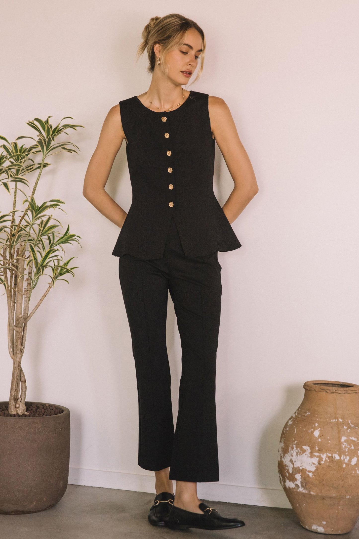 Elaine Gold Button Vest- Black