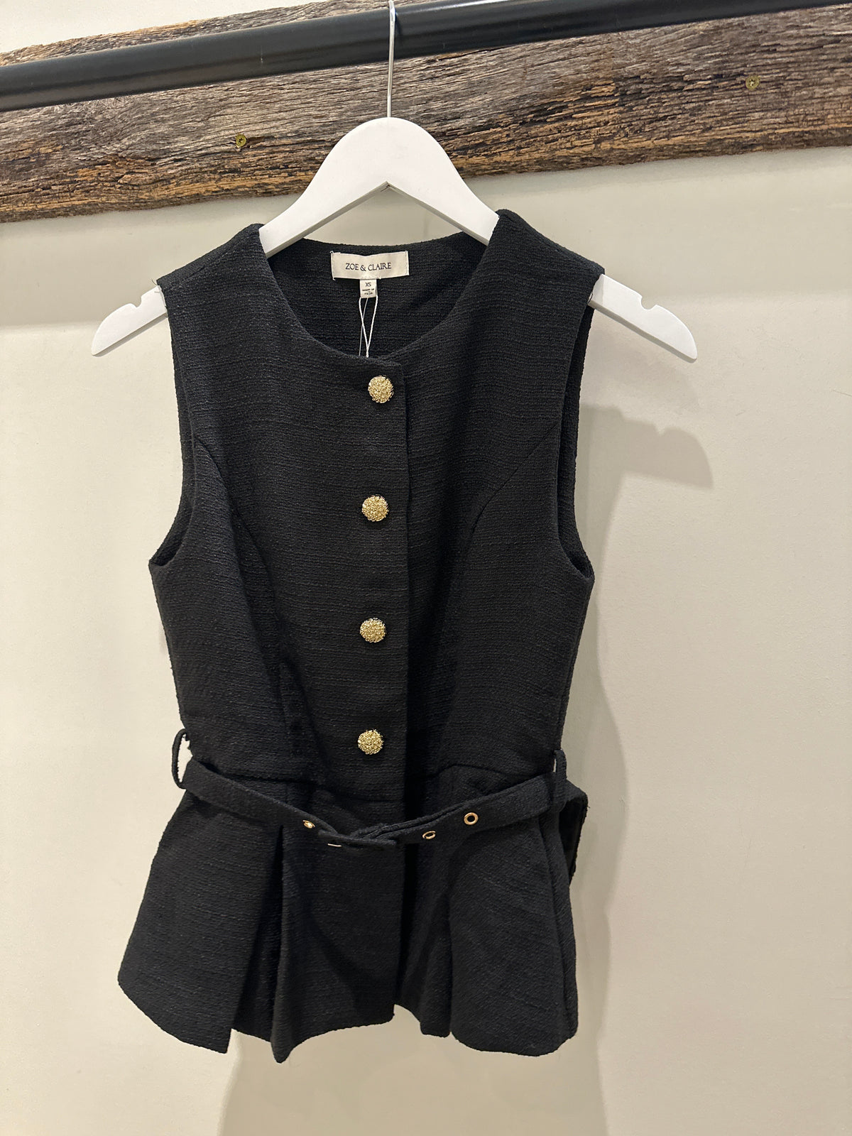 Florence Belted Tweed Vest- Black