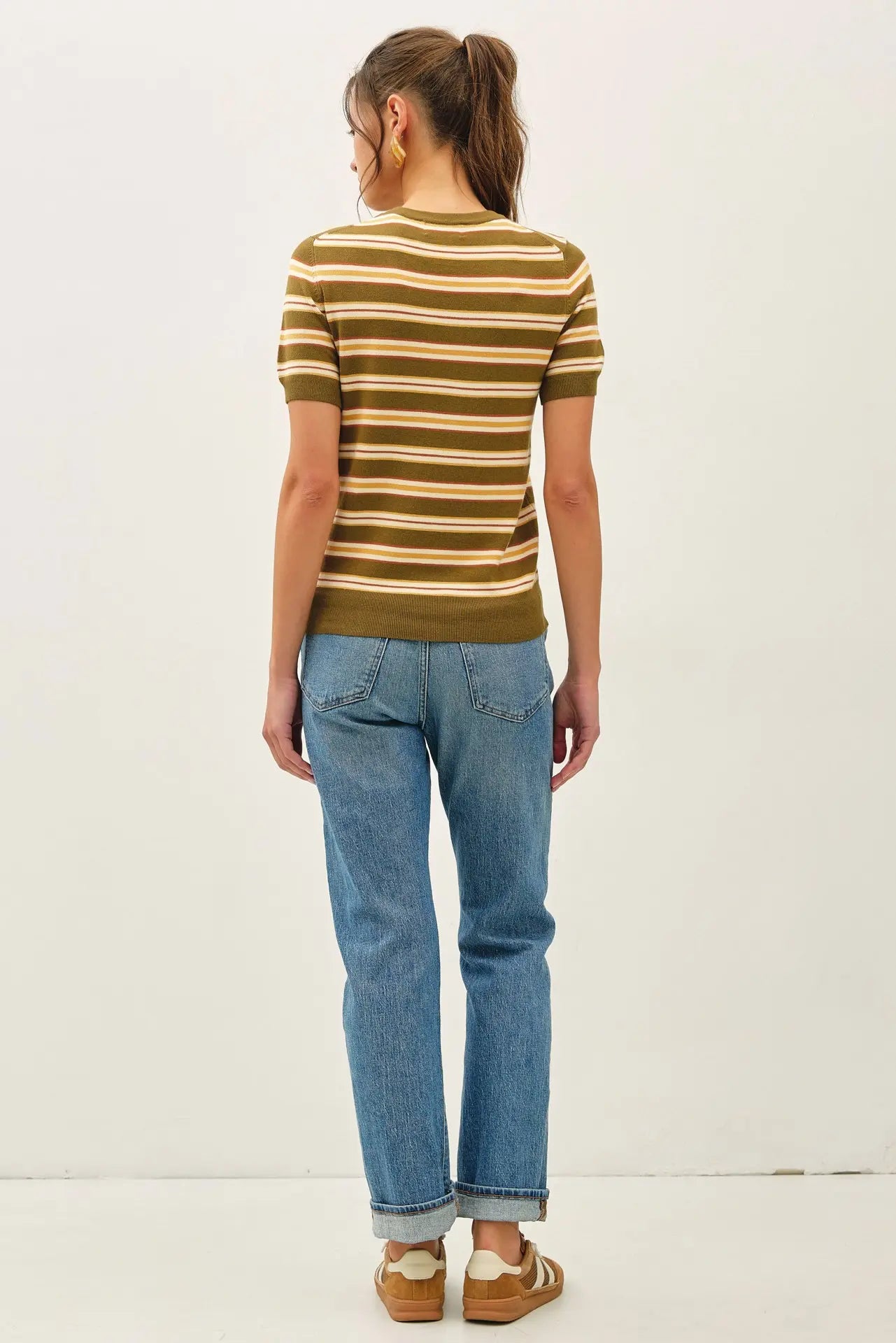 Classic Fit Striped Sweater Top- Olive