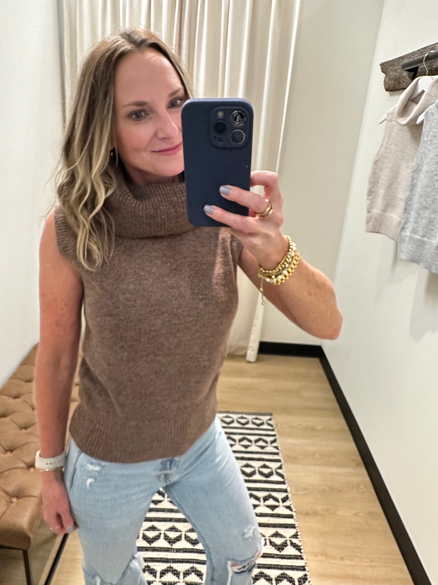 Landry Turtle Neck Sweater Tank- Chocolate