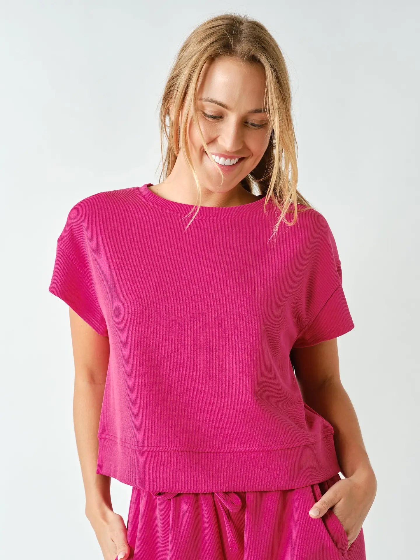Luxe Sand Wash Rib Classic Tee Set- Plum Pink