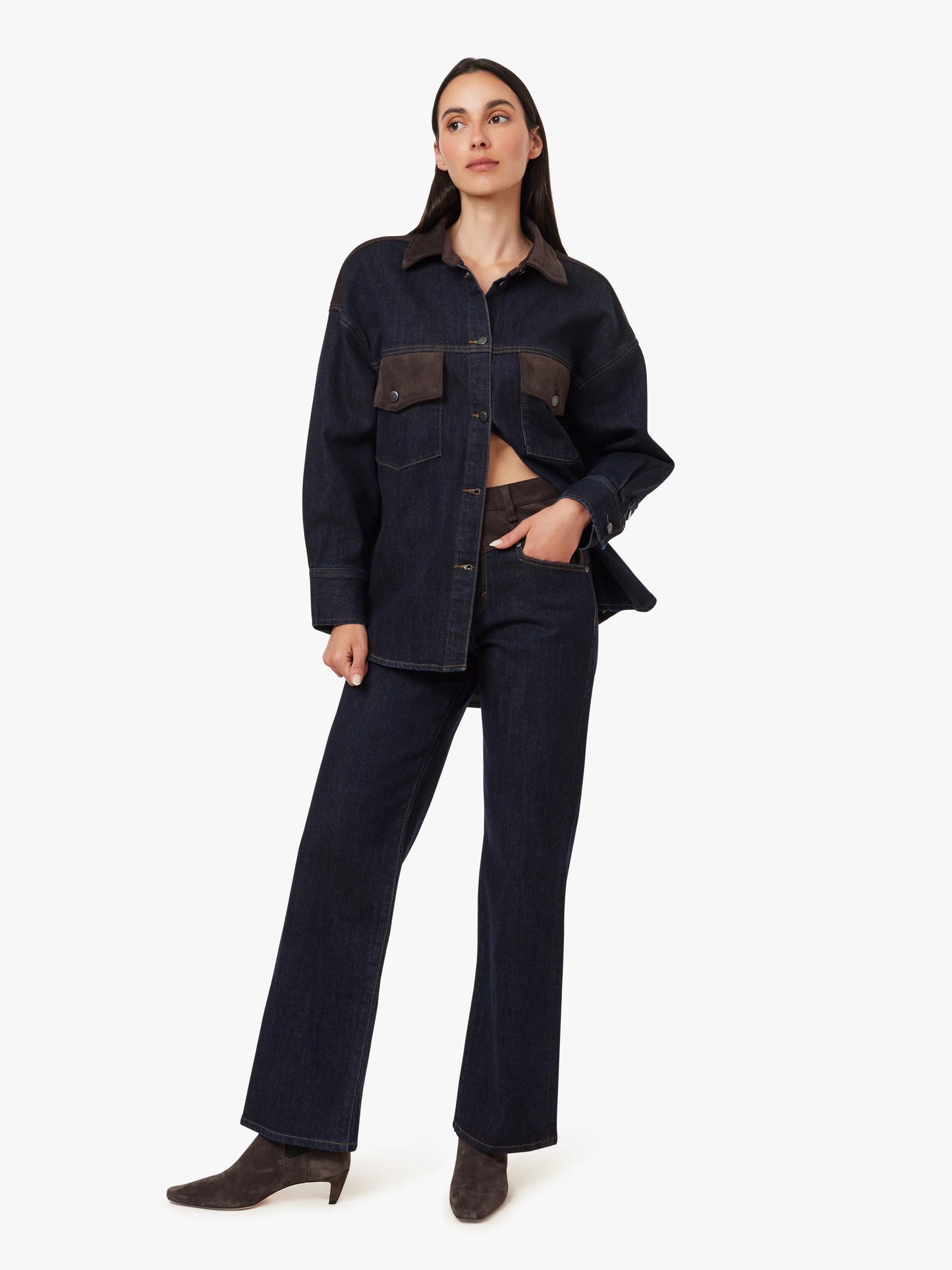 LONG SLEEVE SUEDE MIX DENIM SHIRT JACKET