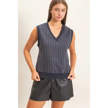 Teagan V-Neck Pinstripe Top- Navy