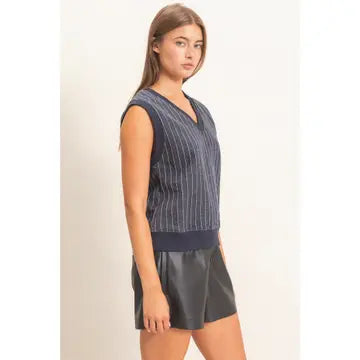 Teagan V-Neck Pinstripe Top- Navy
