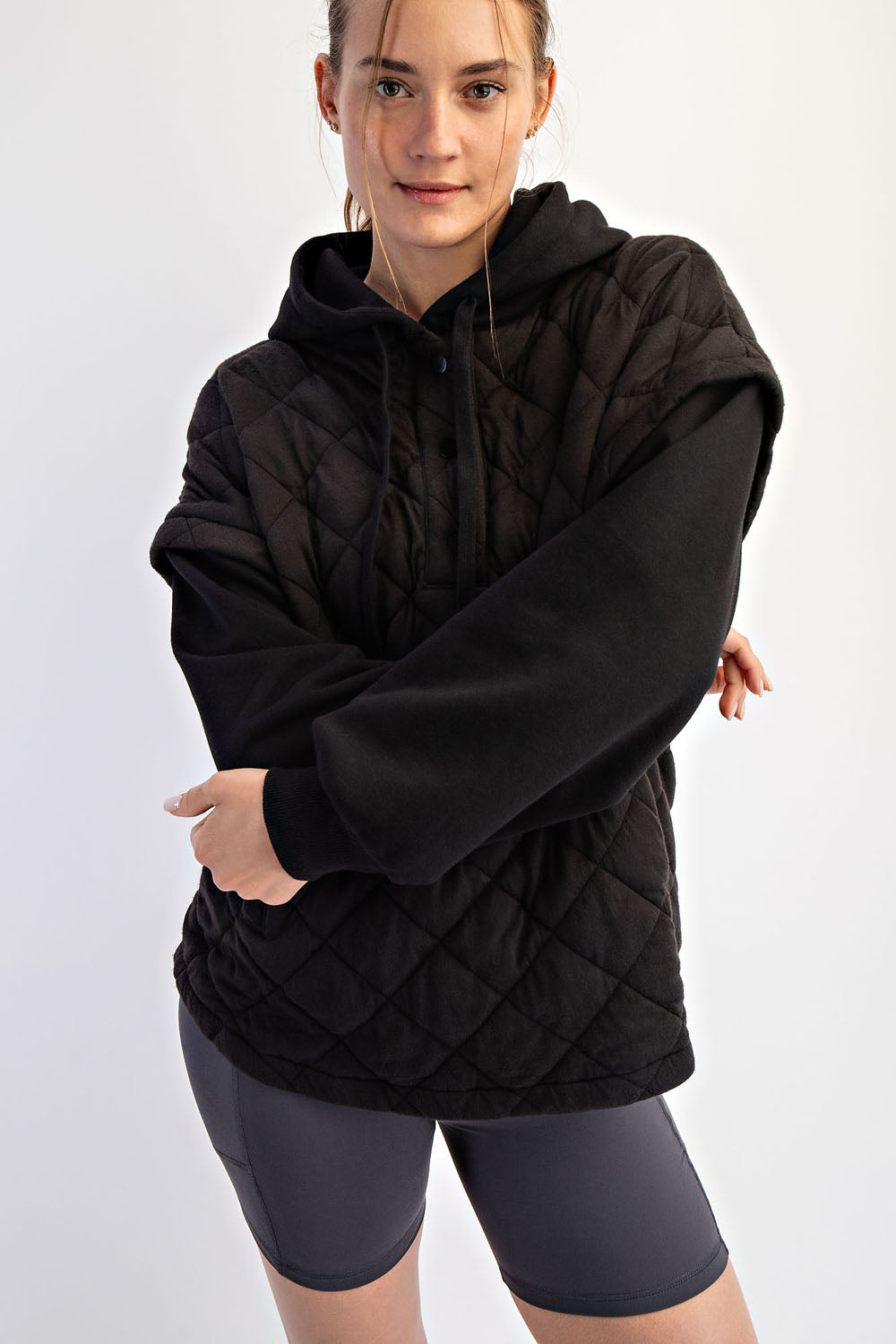 Jacey Quilt + Fleece Hoodie Jacket- Black