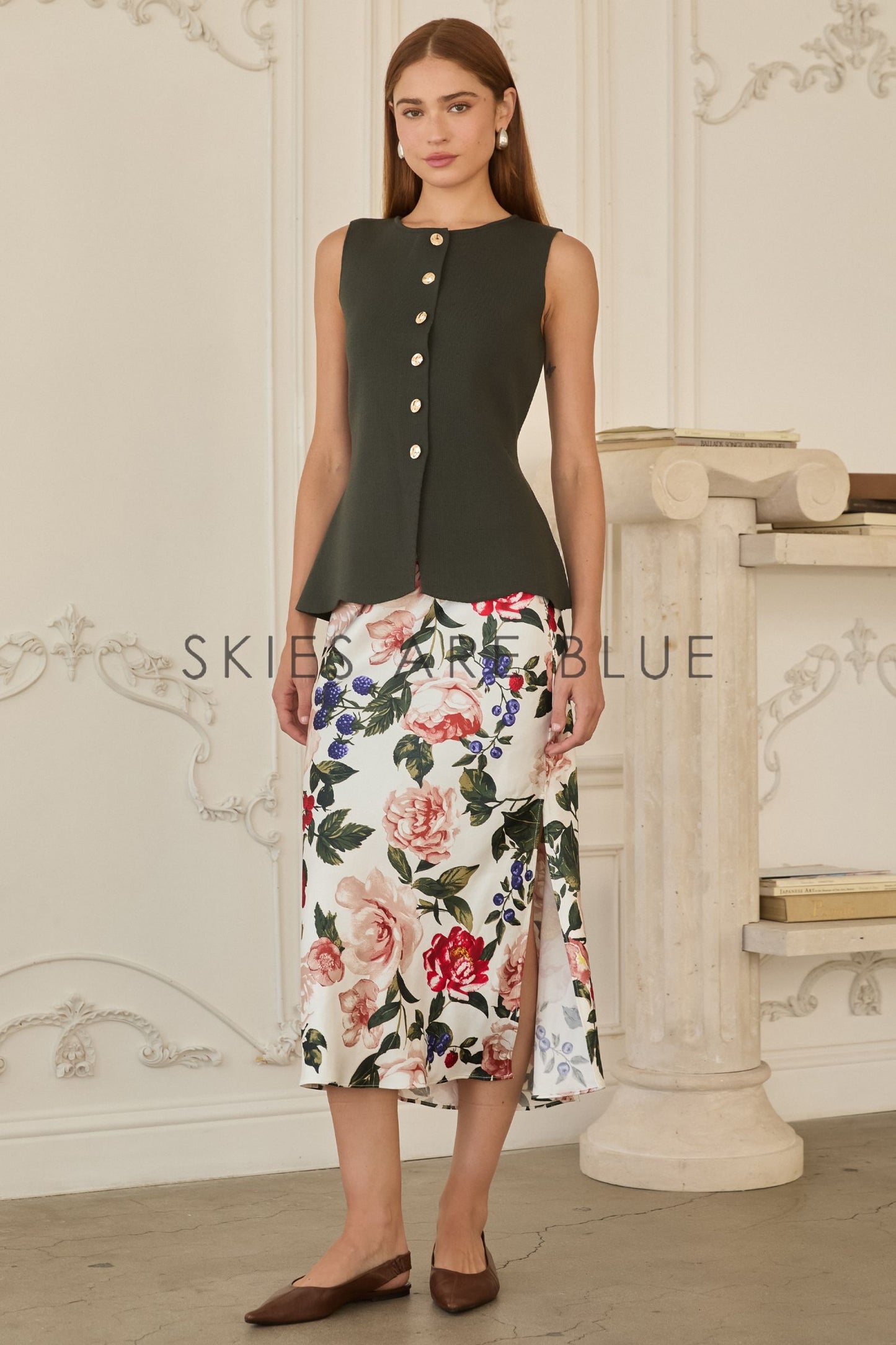 Elaine Gold Button Vest- Dark Olive