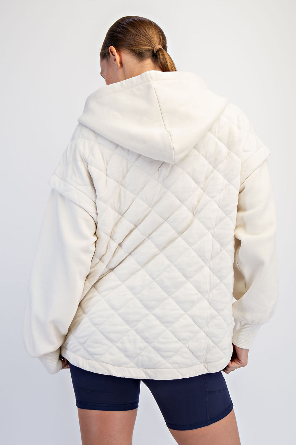 Jacey Quilt + Fleece Hoodie Jacket- Bone