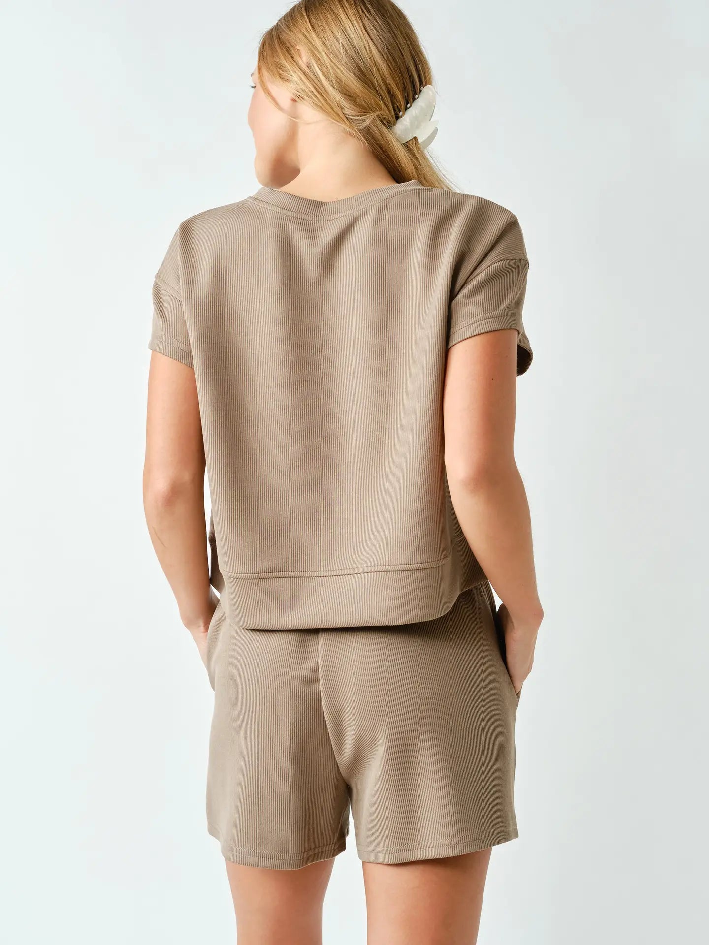 Luxe Sand Wash Rib Classic Tee Set- Taupe