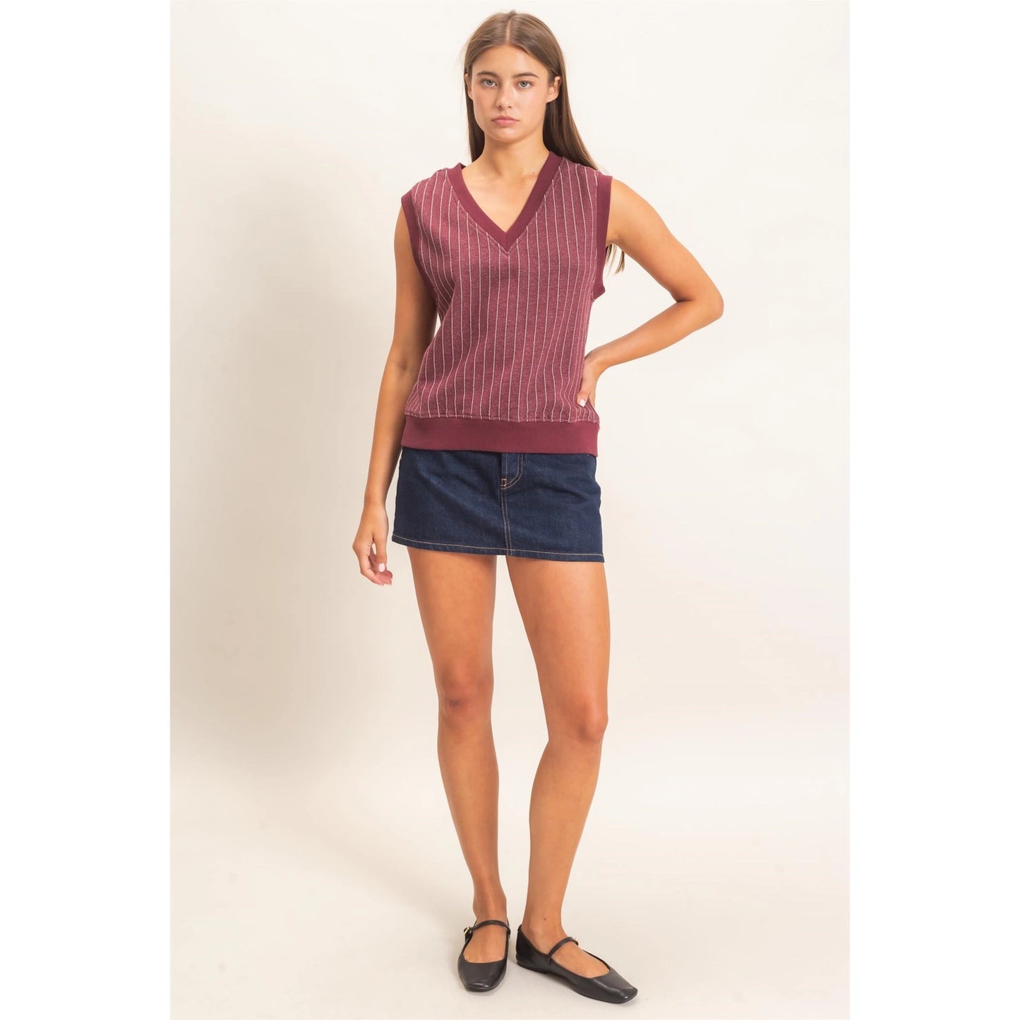 Teagan V-Neck Pinstripe Top- Dark Cherry