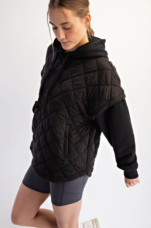 Jacey Quilt + Fleece Hoodie Jacket- Black