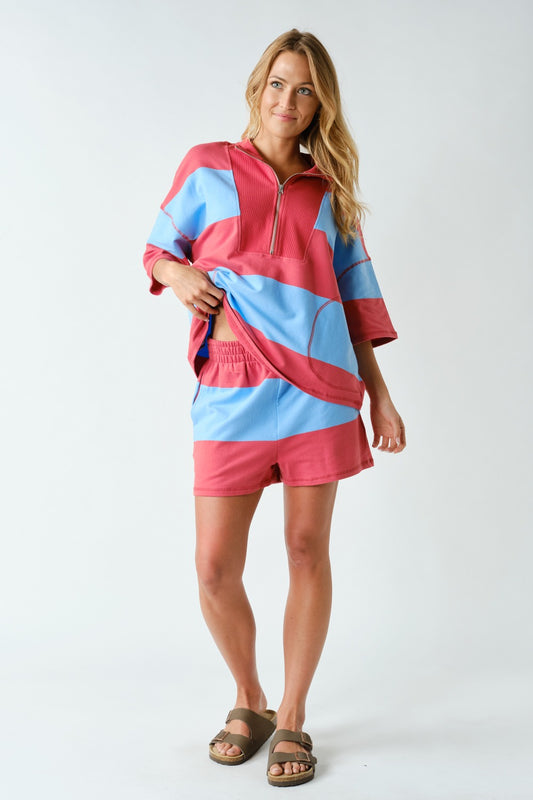 Striped Half Zip Shorts Set- Brick/Blue