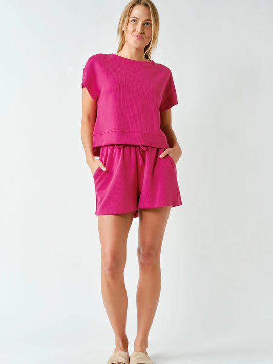 Luxe Sand Wash Rib Classic Tee Set- Plum Pink