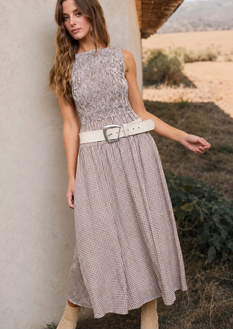 Gigi Smocked Gingham Dress- Brown