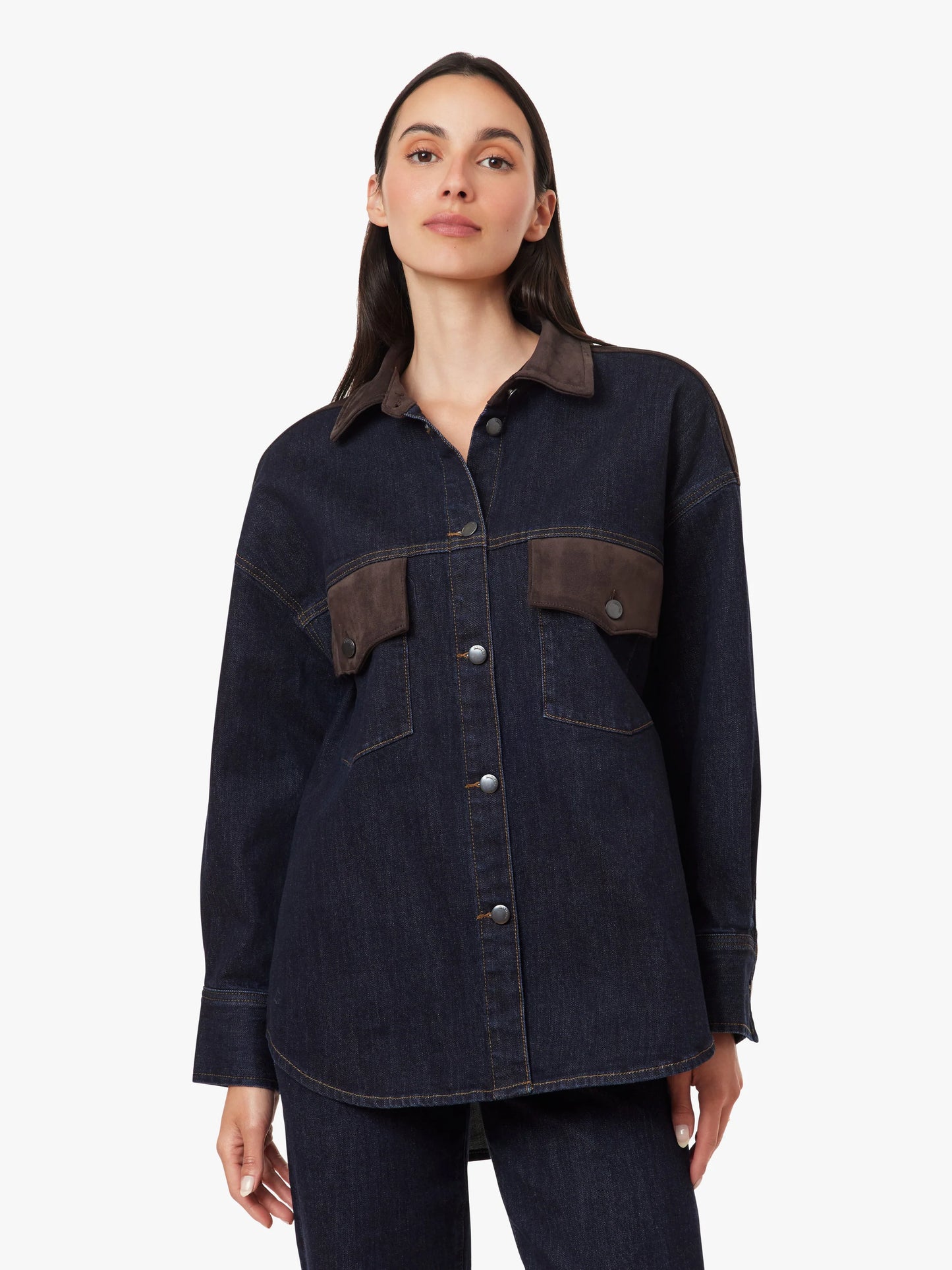 LONG SLEEVE SUEDE MIX DENIM SHIRT JACKET