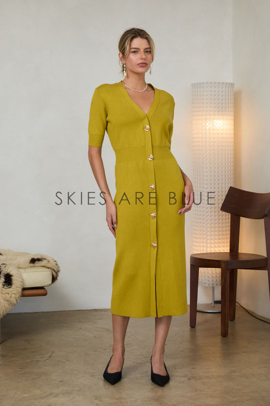Tiffany Ribbed Short Sleeve Dress- Chartreuse