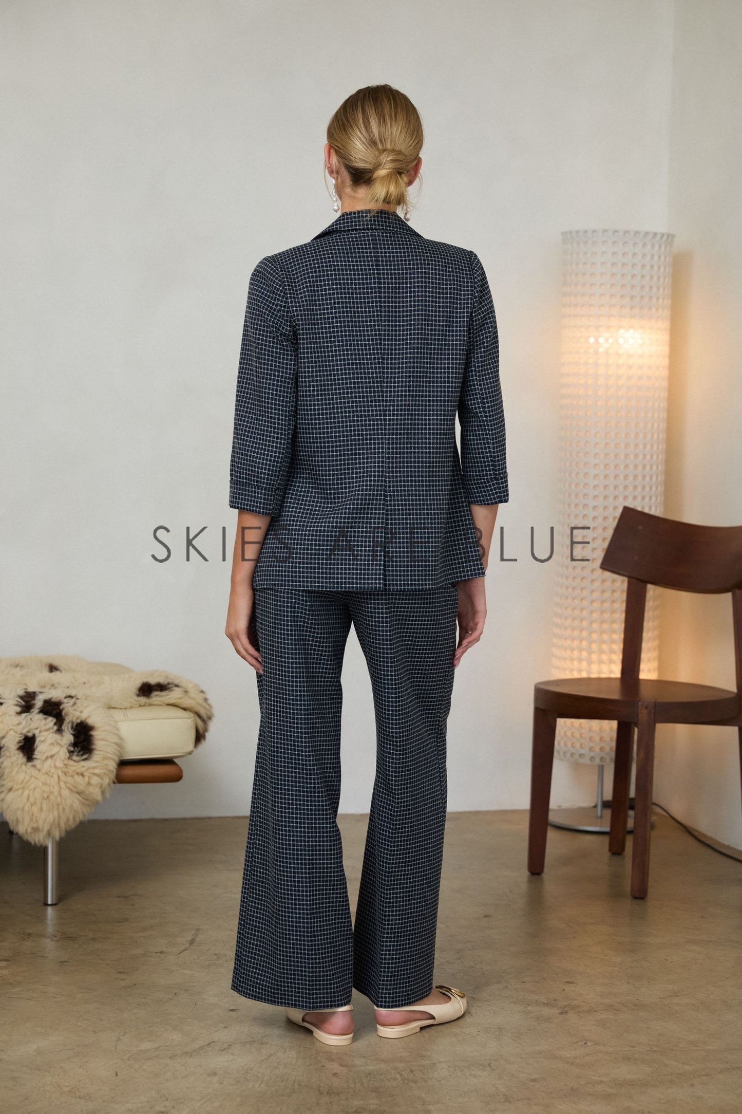 Jena Grid Cuffed Blazer- Navy