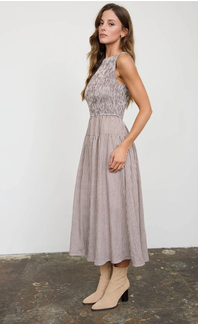 Gigi Smocked Gingham Dress- Brown