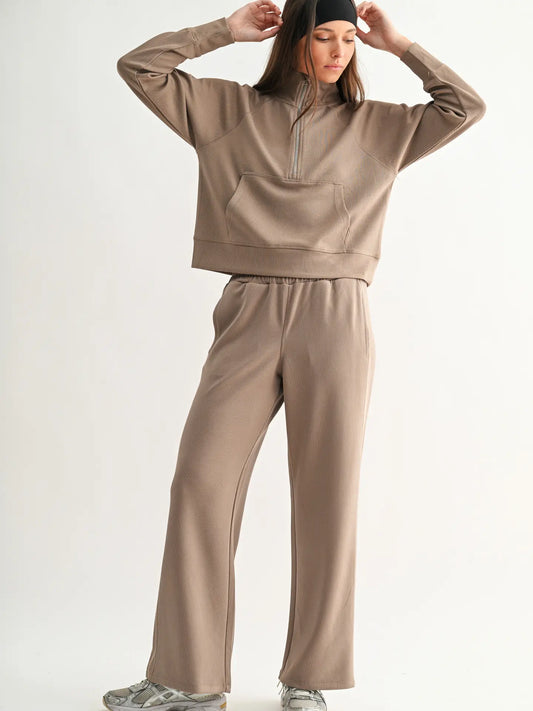 Luxe Sand Wash Rib Wide Leg Pant- Taupe