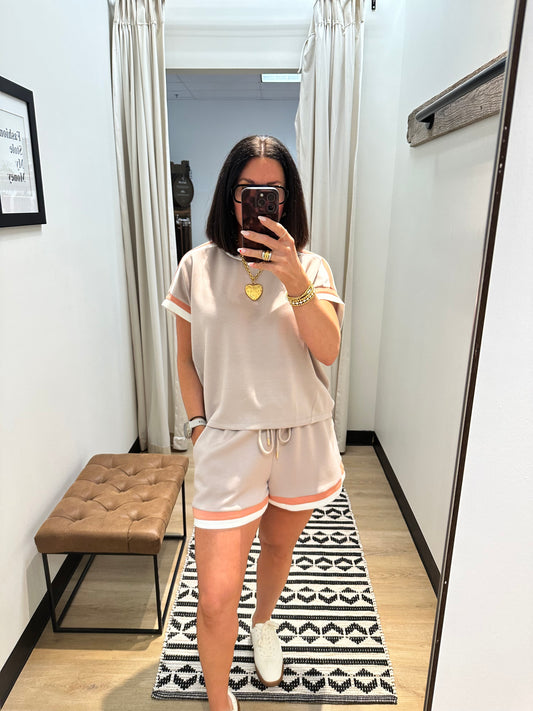 Jenny Stripe Trim Short Set- Oatmeal