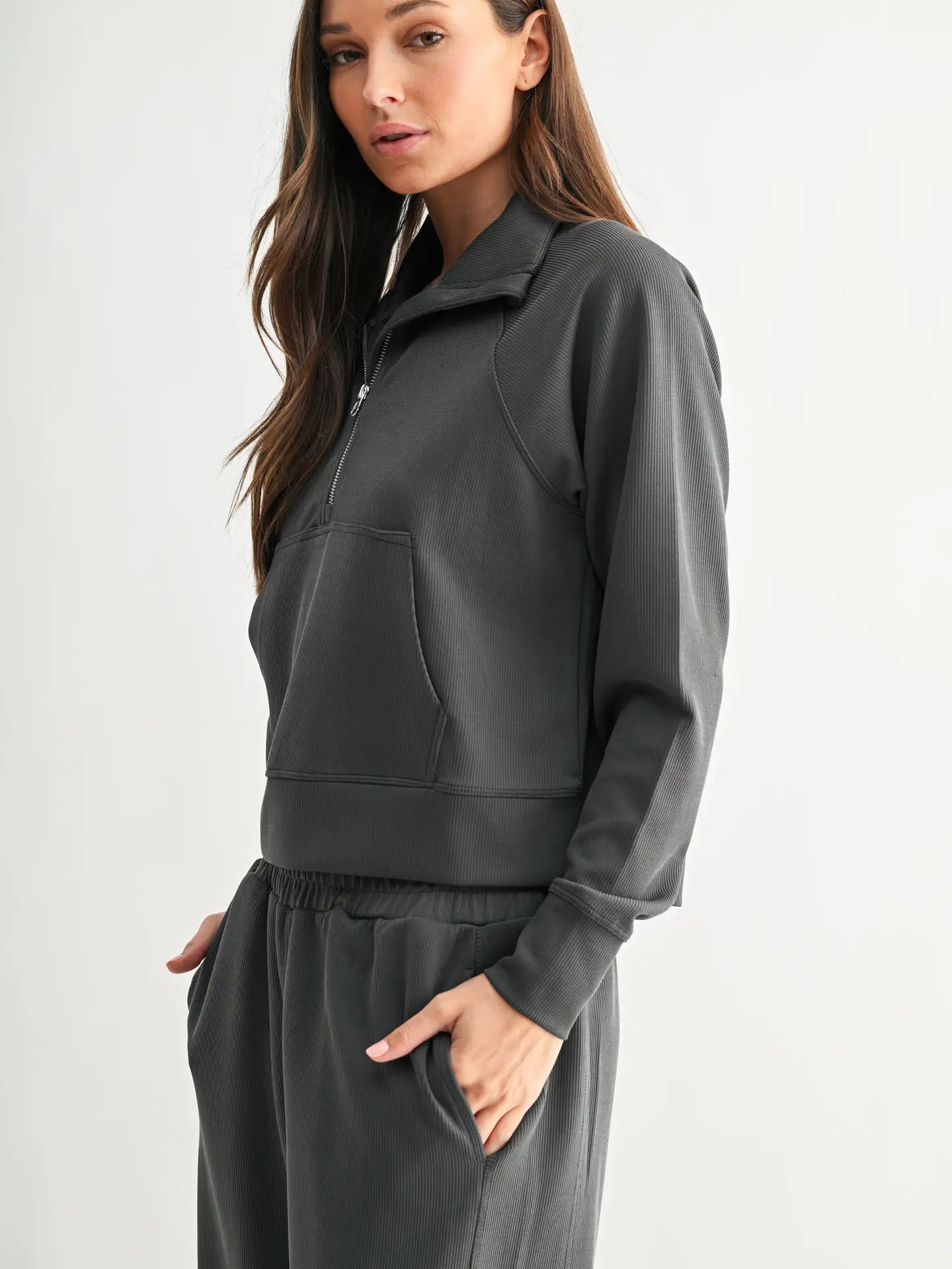 Luxe Sand Wash Rib 1/4 Zip Top- Grey