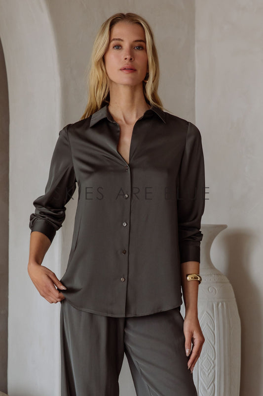 Eliza Satin Button Down Blouse- Olive