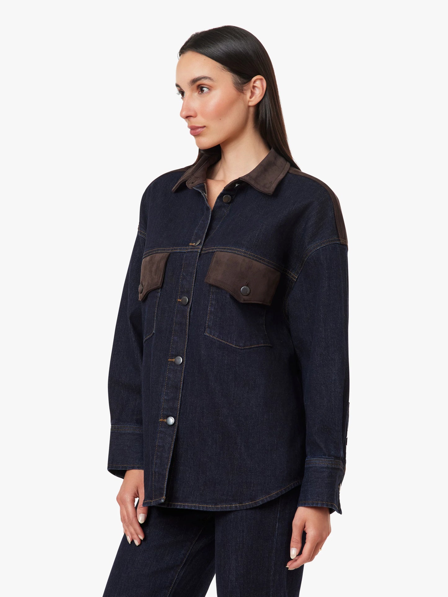 LONG SLEEVE SUEDE MIX DENIM SHIRT JACKET