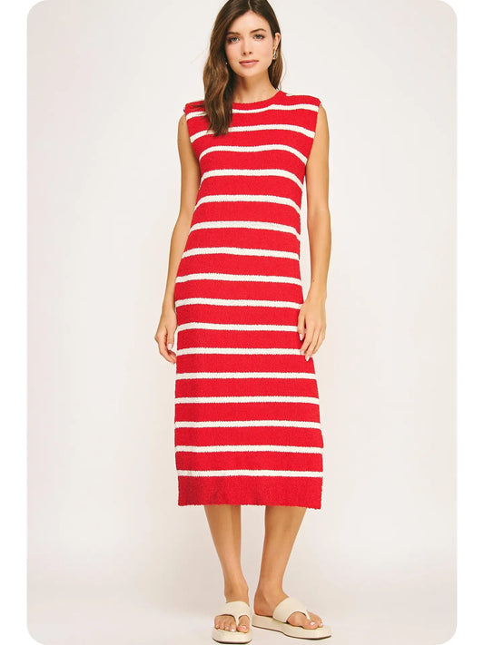 Alice Textured Striped Knit Dress- Red