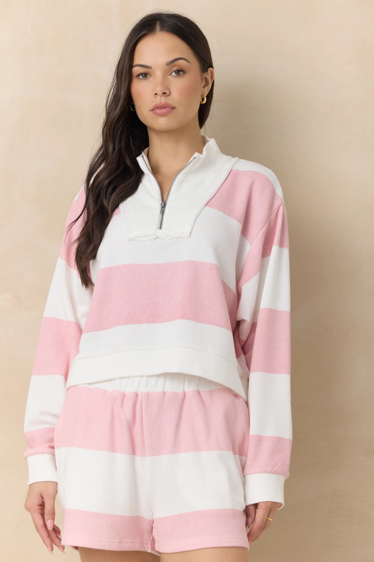 Striped French Terry Half Zip Sweatshirt- Sorbet