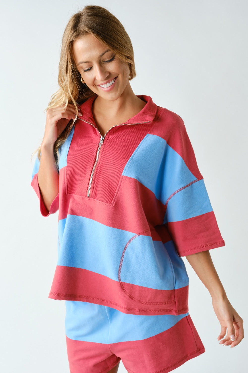 Striped Half Zip Shorts Set- Brick/Blue