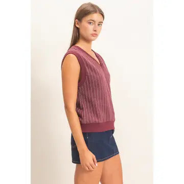 Teagan V-Neck Pinstripe Top- Dark Cherry