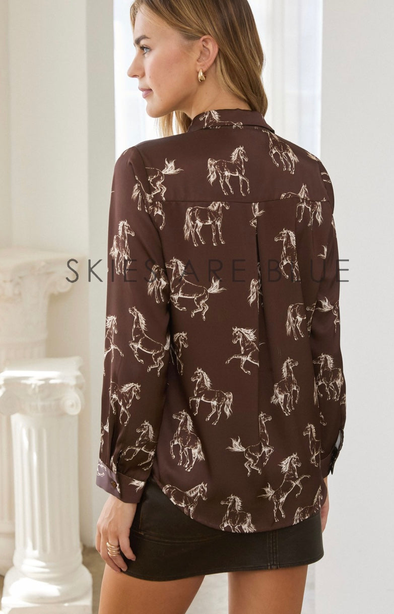 Loretta Horse Print Blouse- Brown