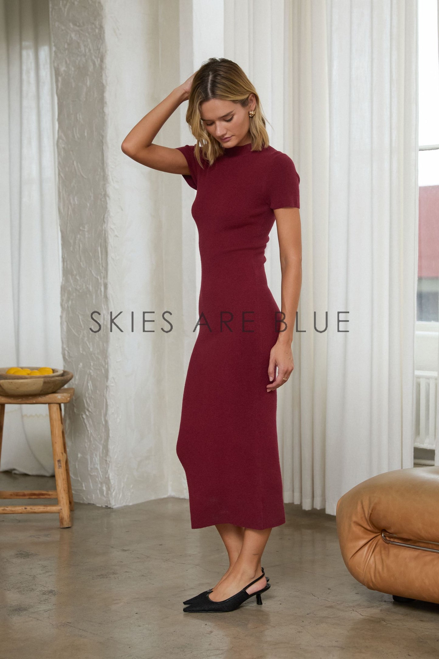 Elise Short Sleeve Mock Neck Soft Knit Long Dress- Burgundy