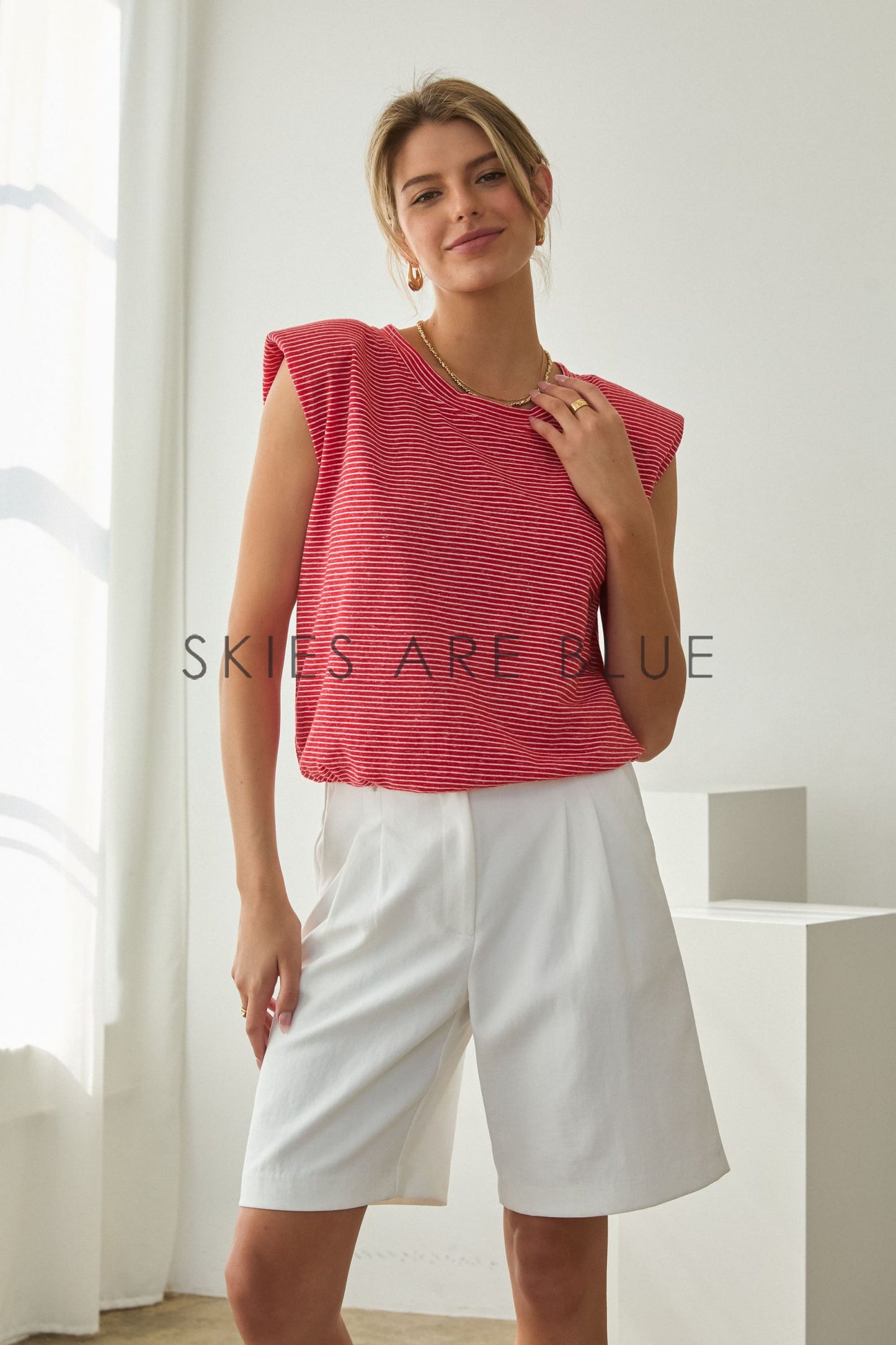 Ava Stripe Knit Bubble Hem- Red