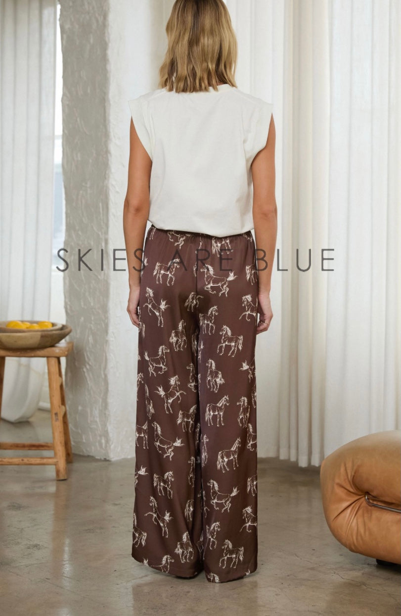 Loretta Satin Horse Print Pants- Brown