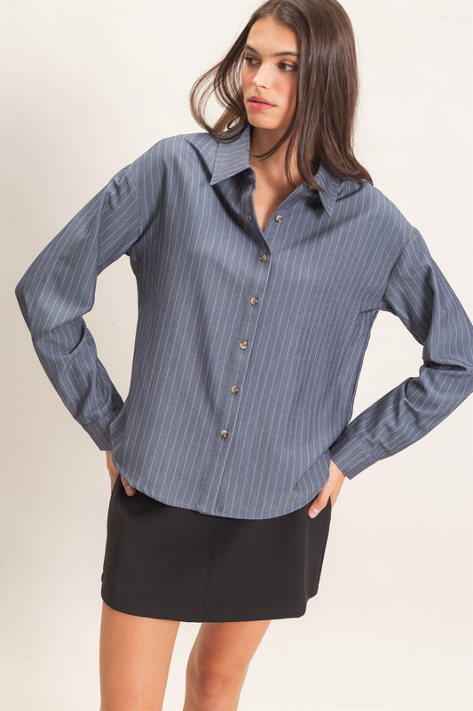 Leti Pinstripe Button Up-  Light Navy