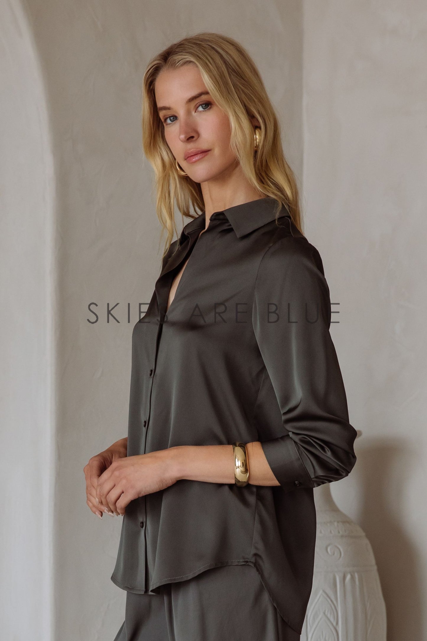 Eliza Satin Button Down Blouse- Olive