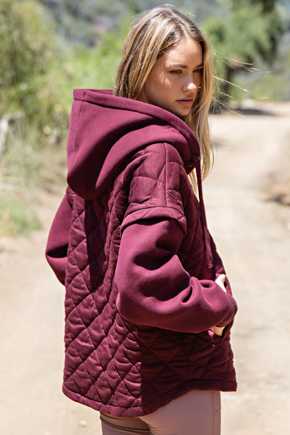 Jacey Quilt + Fleece Hoodie Jacket- Dark Cherry