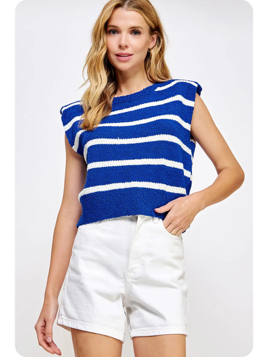 Anna Sleeveless Textured Striped Knit Top- Blue