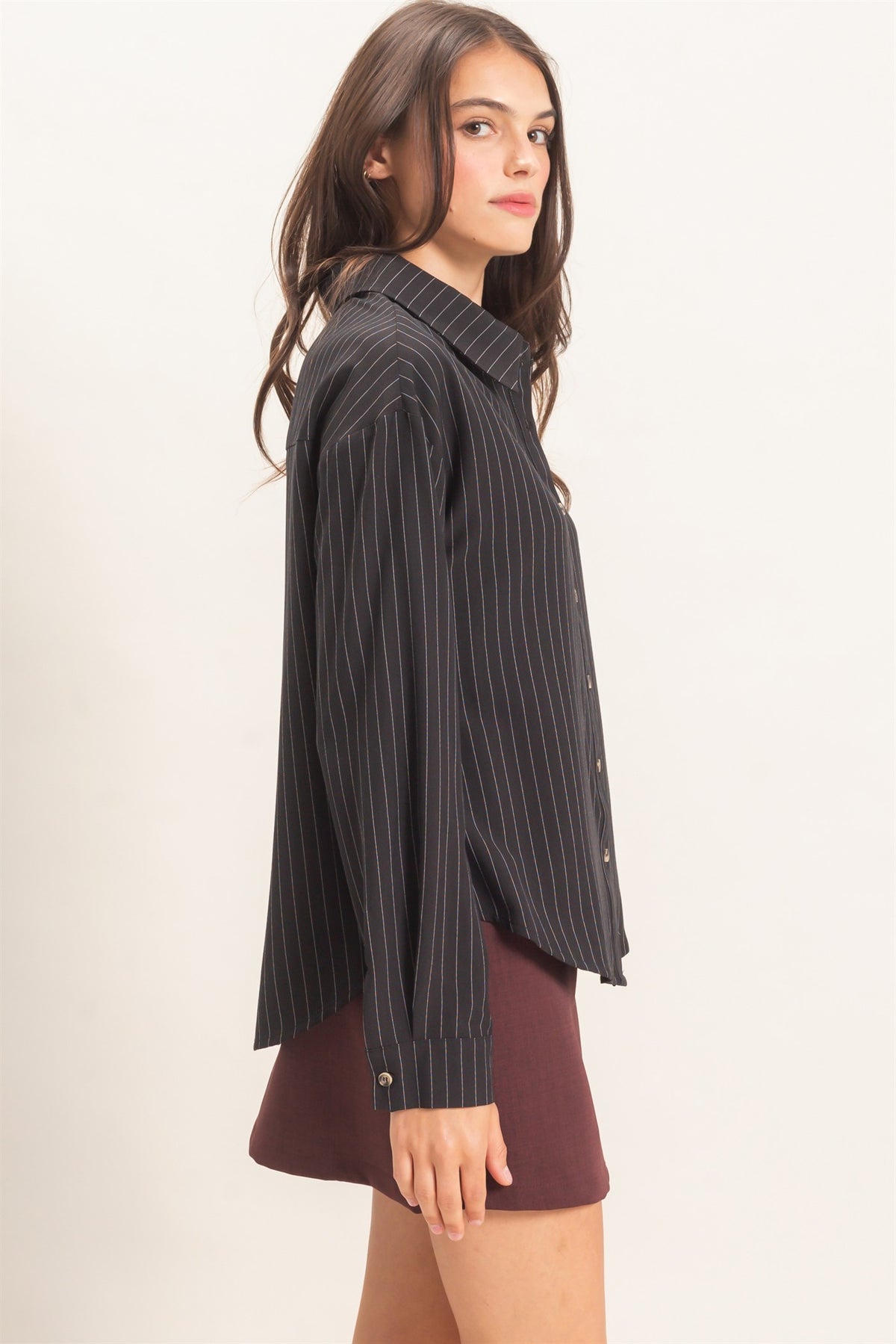 Leti Pinstripe Button Up- Black